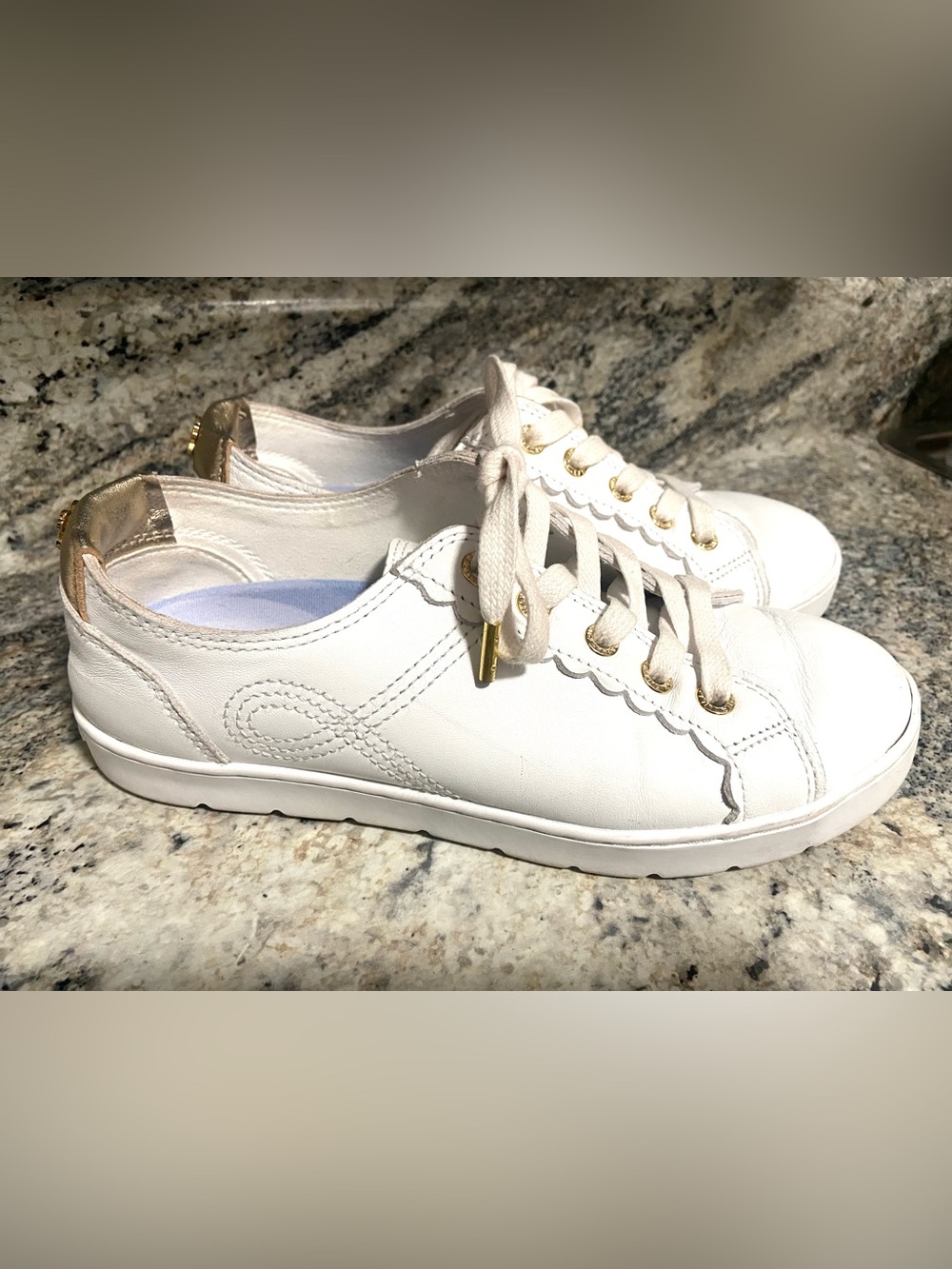 Lilly Pulitzer 6 White Leather Sneakers with Gold Accents and Scallops